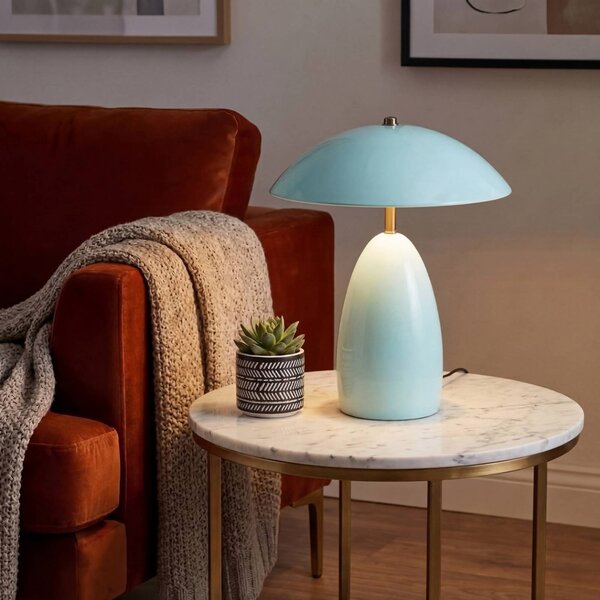 Elstead Stolová LED lampa Poppy, svetlo modrá, výška 35 cm, kovová, stmievateľná, Modrá, Obývacia izba / jedáleň, Hliník, Vintage, Stojacie svietidlo