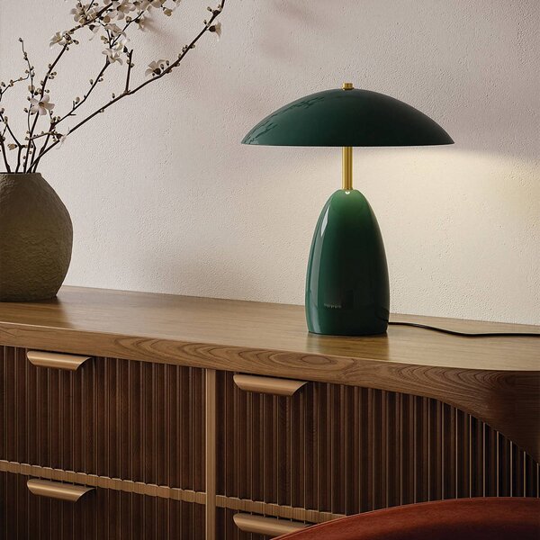 Elstead Stolová LED lampa Poppy, zelená, výška 35 cm, kovová, stmievateľná, Zelená, Obývacia izba / jedáleň, Hliník, Vintage, Stojacie svietidlo