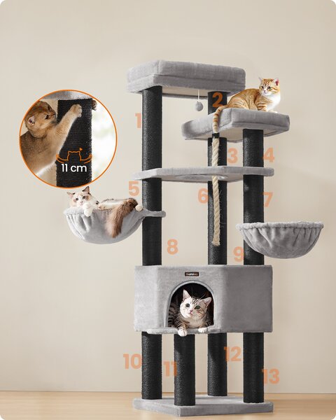 FEANDREA Viacposchodové škrabadlo XXL pre veľké mačky, sisalové stĺpiky, 55 x 187 x 55 cm, šedá, čierna