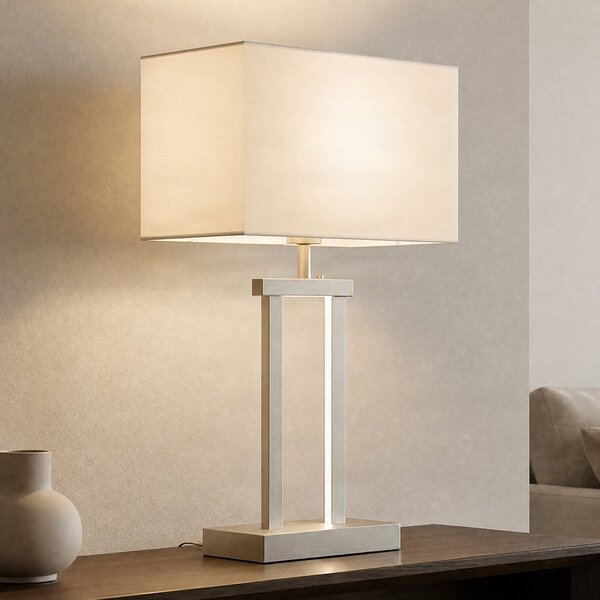 Lindby Stolná lampa Sigurd, biela, látka, výška 54 cm, E27, Hliník / sivá / zinok, Obývacia izba / jedáleň, Textil / látka / hodváb, Moderný, Stojacie svietidlo