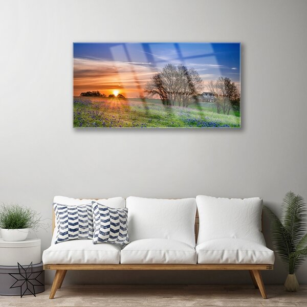 Skleneny obraz Lúka slnko krajina 100x50 cm 2 Prívesky