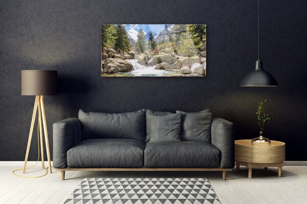 Skleneny obraz Hora les kamene rieka 100x50 cm 2 Prívesky