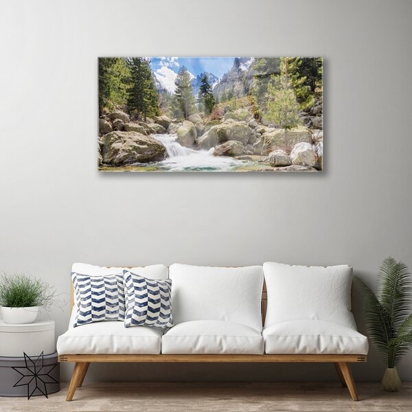 Skleneny obraz Hora les kamene rieka 100x50 cm 2 Prívesky