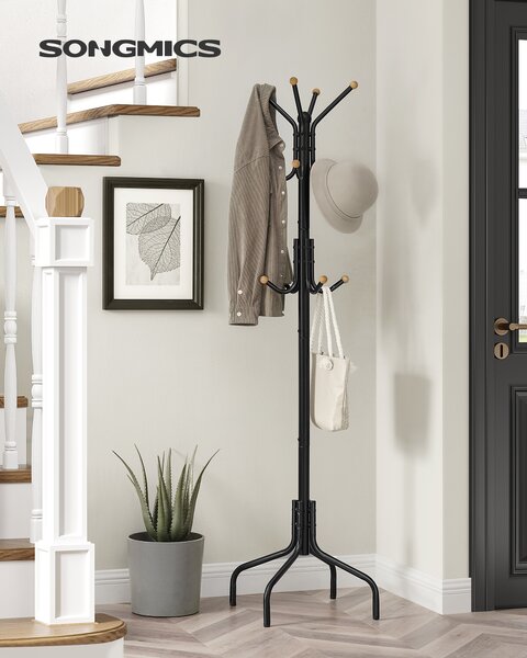 SONGMICS Kovový vešiak na kabáty s 12 háčikmi 180 cm čierna