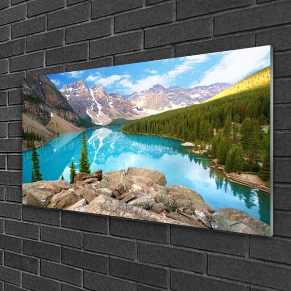 Obraz na skle Hory jazero príroda 100x50 cm 2 Prívesky
