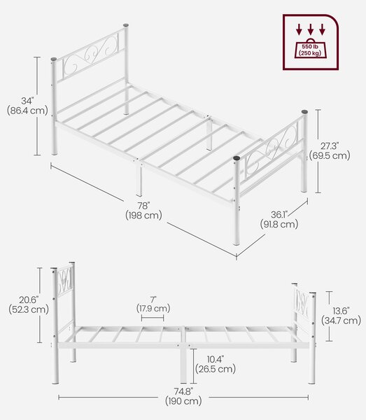 VASAGLE Kovový rám postele LOFT 90 x 190 cm, biela