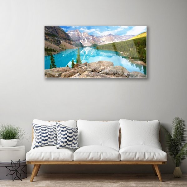 Obraz na skle Hory jazero príroda 100x50 cm 2 Prívesky