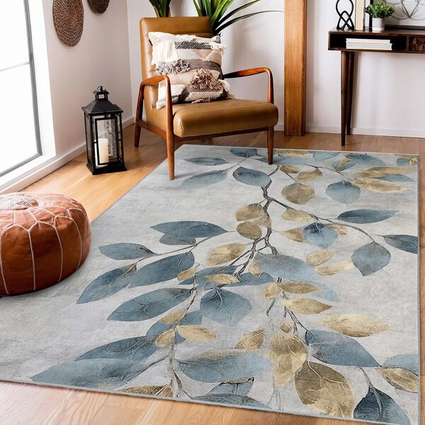 Prateľný behúň vo svetlomodrej a zlatej farbe 80x200 cm Golden Leaves – Mila Home