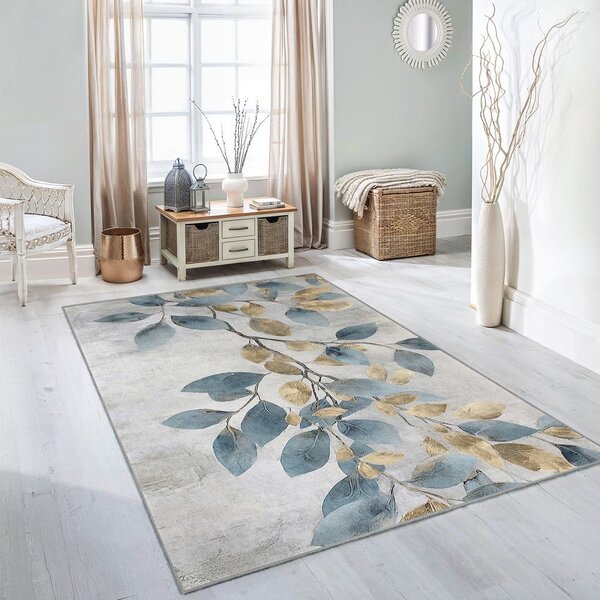 Prateľný behúň vo svetlomodrej a zlatej farbe 80x200 cm Golden Leaves – Mila Home