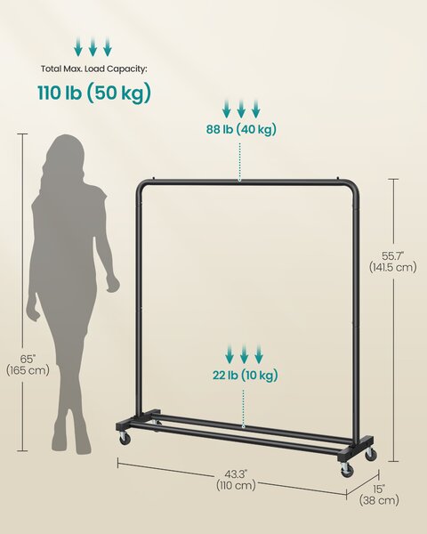 SONGMICS Vešiak na oblečenie na kolieskach, nosnosť 50 kg, 38 x 110 x 141 cm, čierna