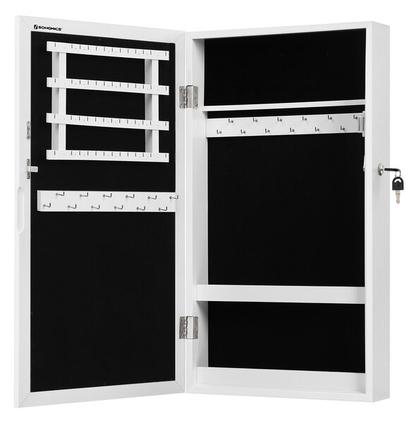 SONGMICS Zamykatelná skrinka na šperky so zrkadlom 55 x 67 x 10 cm biela