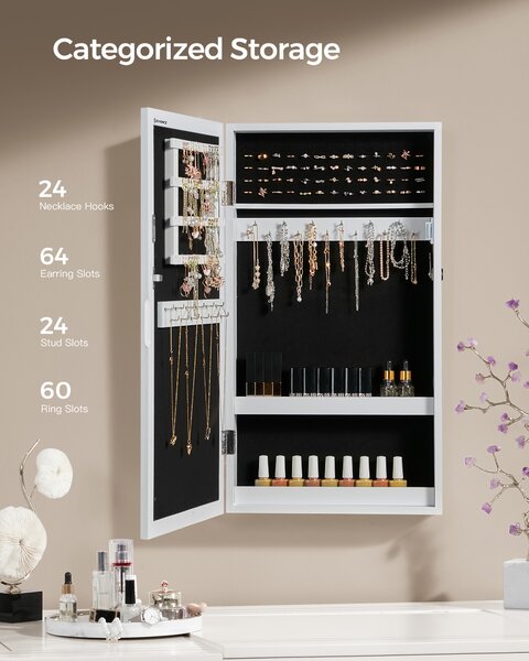 SONGMICS Zamykatelná skrinka na šperky so zrkadlom 55 x 67 x 10 cm biela
