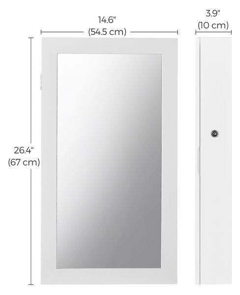 SONGMICS Zamykatelná skrinka na šperky so zrkadlom 55 x 67 x 10 cm biela