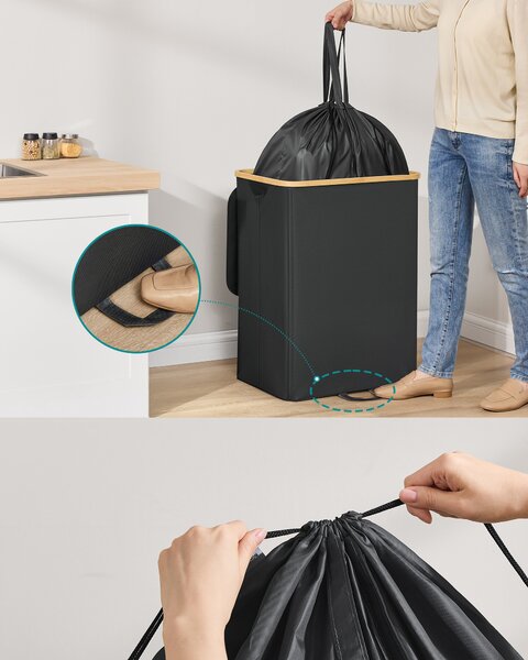 SONGMICS Kôš na triedený odpad 140 l vnútorný sáčok s uchami čierna