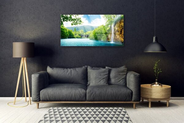 Obraz na skle Vodopád jazero príroda 100x50 cm 2 Prívesky