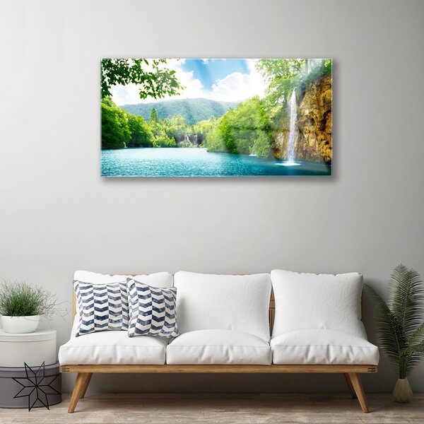Obraz na skle Vodopád jazero príroda 100x50 cm 2 Prívesky