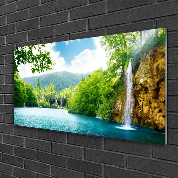 Obraz na skle Vodopád jazero príroda 100x50 cm 2 Prívesky