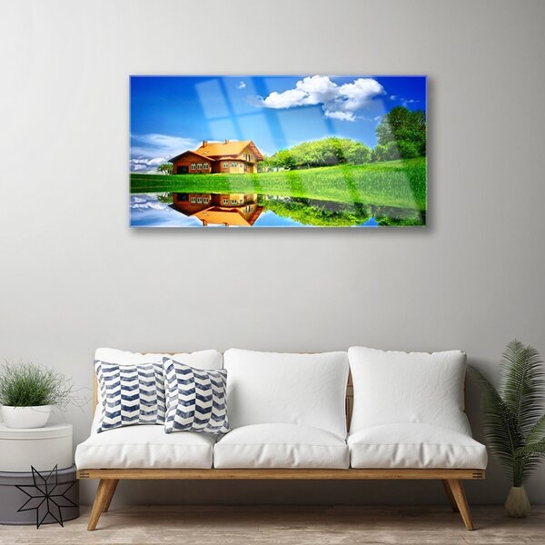 Obraz na skle Dom jazero tráva príroda 100x50 cm 2 Prívesky
