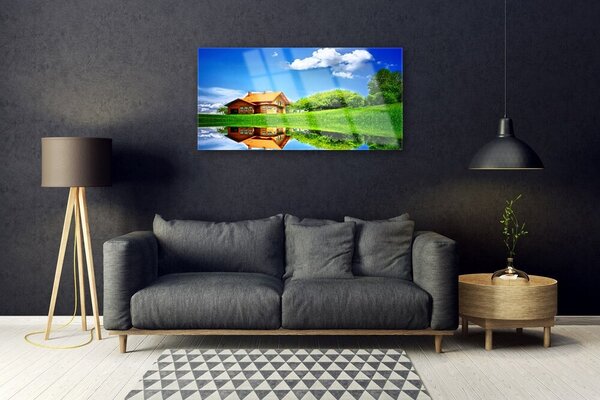 Obraz na skle Dom jazero tráva príroda 100x50 cm 2 Prívesky