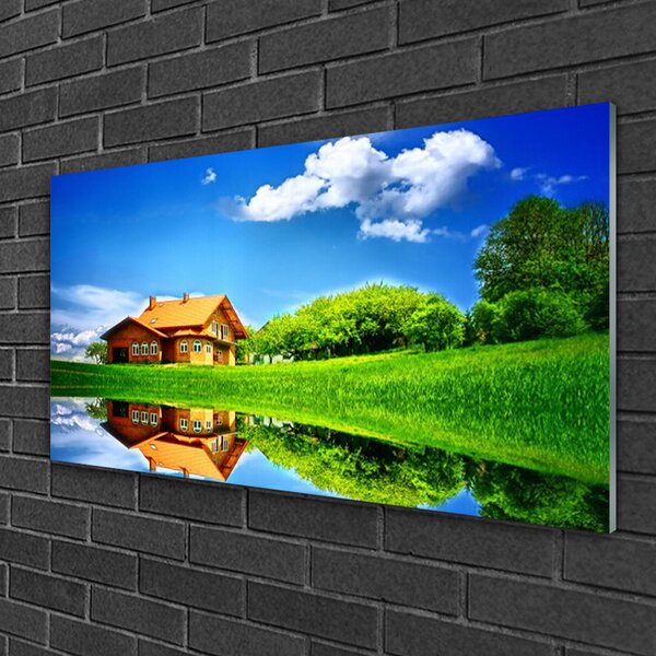 Obraz na skle Dom jazero tráva príroda 100x50 cm 2 Prívesky