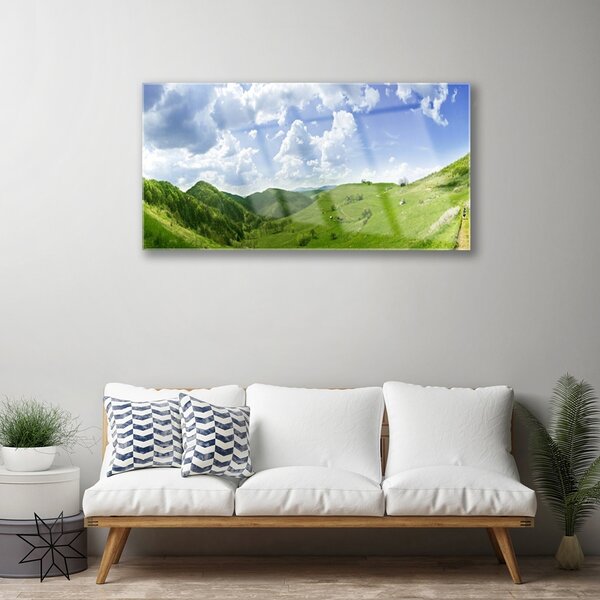 Skleneny obraz Hora lúka príroda 100x50 cm 2 Prívesky