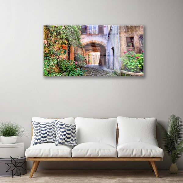 Skleneny obraz Aleje kvety domy rastlina 100x50 cm 2 Prívesky