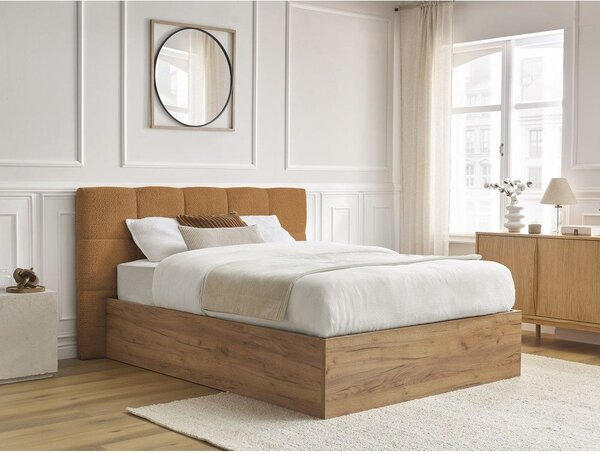 Okrovožltá čalúnená čalúnená/z drevotriesky dvojlôžková posteľ s úložným priestorom s roštom 180x200 cm Kumo – Bobochic Paris