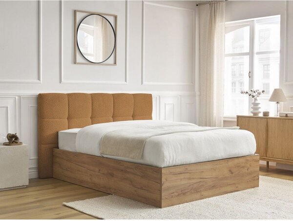 Okrovožltá čalúnená čalúnená/z drevotriesky dvojlôžková posteľ s úložným priestorom s roštom 180x200 cm Kumo – Bobochic Paris