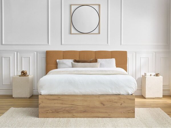 Okrovožltá čalúnená čalúnená/z drevotriesky dvojlôžková posteľ s úložným priestorom s roštom 180x200 cm Kumo – Bobochic Paris