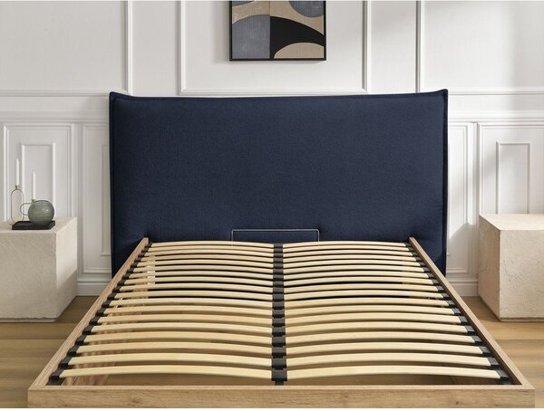 Modrá čalúnená čalúnená/z drevotriesky dvojlôžková posteľ s úložným priestorom s roštom 160x200 cm Charlie – Bobochic Paris
