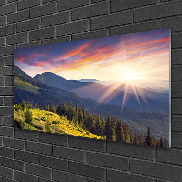 Skleneny obraz Hora les slnko krajina 100x50 cm 2 Prívesky