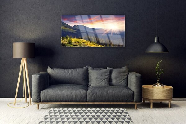 Skleneny obraz Hora les slnko krajina 100x50 cm 2 Prívesky