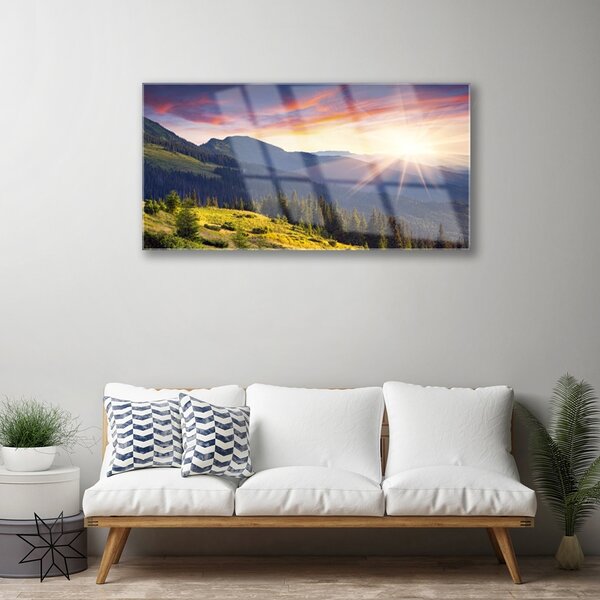 Skleneny obraz Hora les slnko krajina 100x50 cm 2 Prívesky