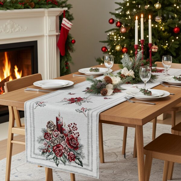Vianočný gobelínový behúň na stôl Vianočná svieca Chenille IT015 Farba Viacfarebná Rozmery 40x130 cm
