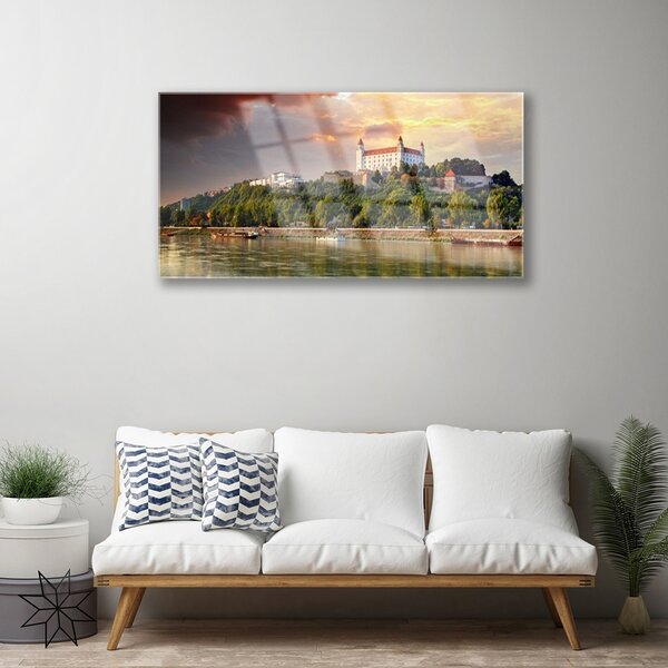 Skleneny obraz Mesto jazero krajina 100x50 cm 2 Prívesky