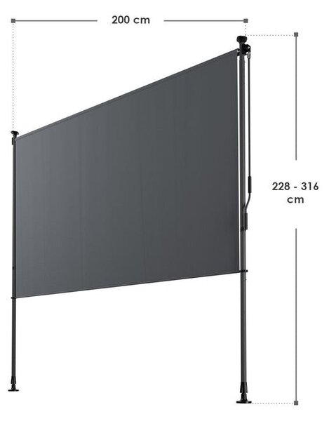 Zvislá markíza na balkón 200 x 228-316 cm, UV ochrana, sivá