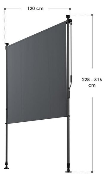 Zvislá markíza na balkón 120 x 228-316 cm, UV ochrana, sivá