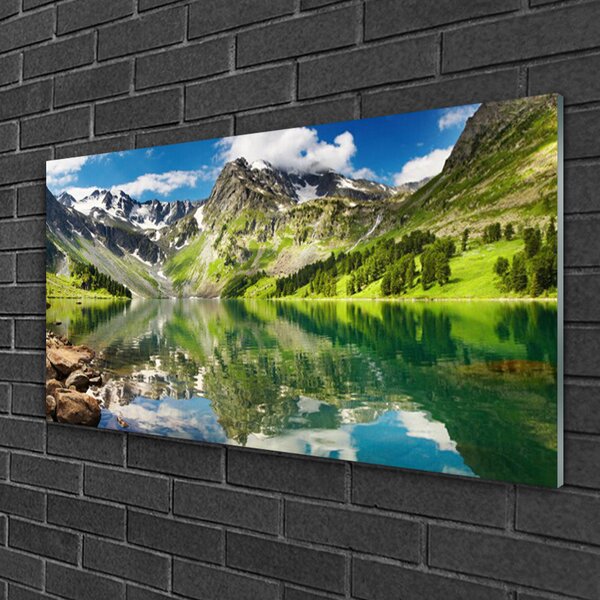 Obraz na skle Hora jazero príroda 100x50 cm 2 Prívesky