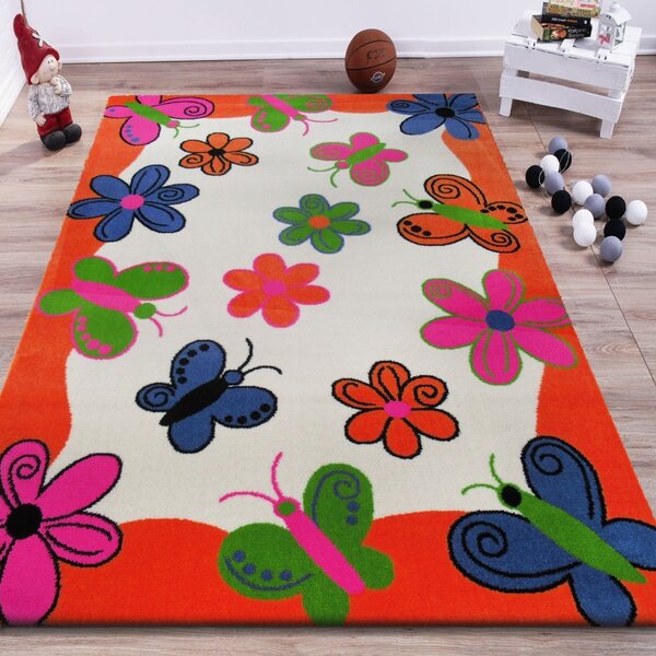 Oranžový koberec s motýlikmi a kvietkami Oranžová Šírka: 133 cm | Dĺžka: 190 cm