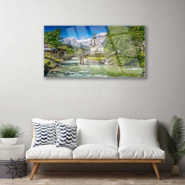 Obraz na skle Kostol most jazero príroda 100x50 cm 2 Prívesky