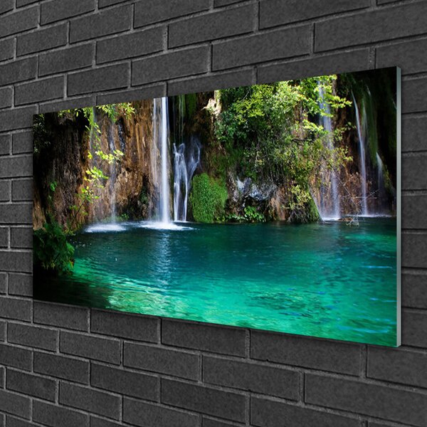 Obraz na skle Jazero vodopád príroda 100x50 cm 2 Prívesky