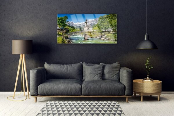 Obraz na skle Kostol most jazero príroda 100x50 cm 2 Prívesky