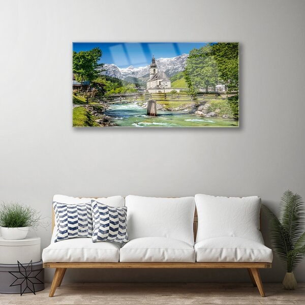 Obraz na skle Kostol most jazero príroda 100x50 cm 2 Prívesky