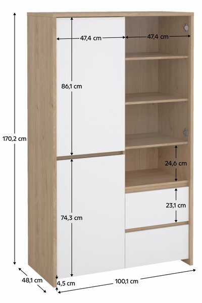 KONDELA Vitrína, dub hickory/biela extra vysoký lesk, NEXT 50317