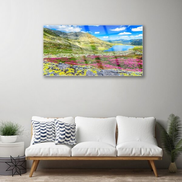 Obraz na skle Hora záliv lúka príroda 100x50 cm 2 Prívesky