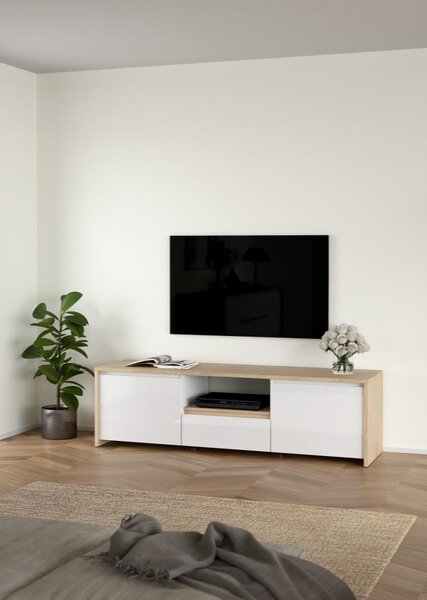KONDELA TV stolík, dub hickory/biela extra vysoký lesk, NEXT 50315