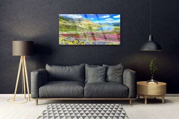 Obraz na skle Hora záliv lúka príroda 100x50 cm 2 Prívesky