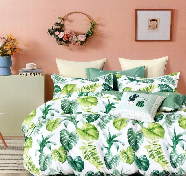 Kvalitné bielo zelené bavlnené posteľné obliečky s motívom listov Zelená