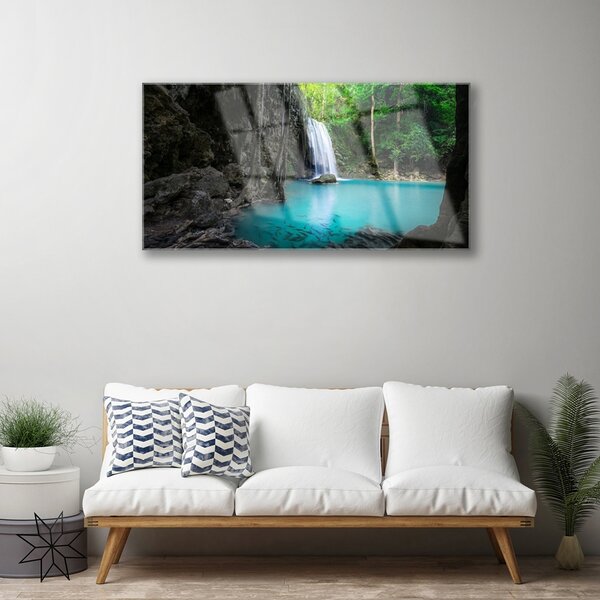 Obraz na skle Jazero vodopád príroda 100x50 cm 2 Prívesky