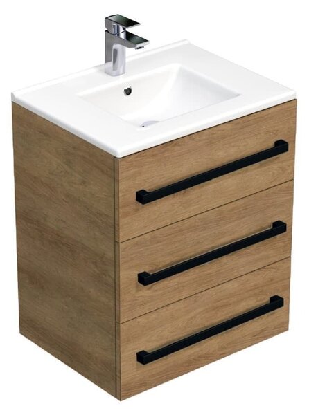 Kúpeľňová skrinka s čiernou úchytkou a umývadlom SAT Cube Way 60x71x46 cm dub Hickory mat CUBE46C603DHMOD
